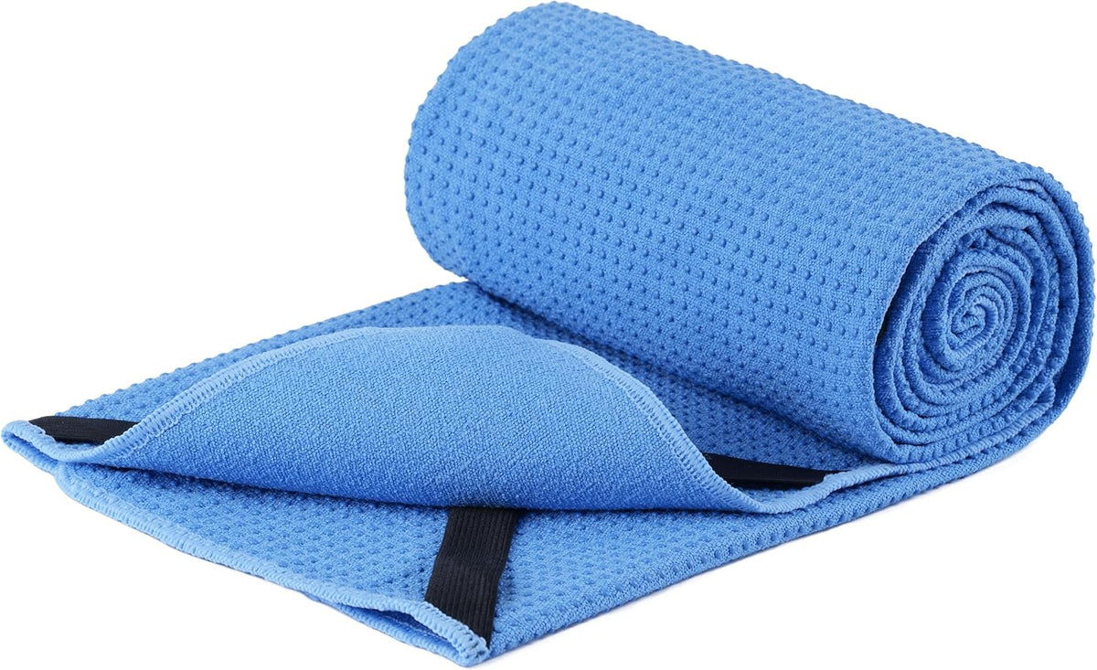 Microfiber Hot Yoga Towel Mat, 24 x 72 inches, with Non-Slip Silicone Grip, Secure Fit Elastic Straps (Purple)