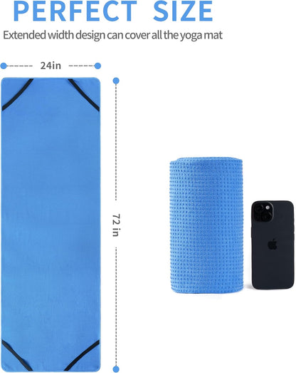 Microfiber Hot Yoga Towel Mat, 24 x 72 inches, with Non-Slip Silicone Grip, Secure Fit Elastic Straps (Purple)