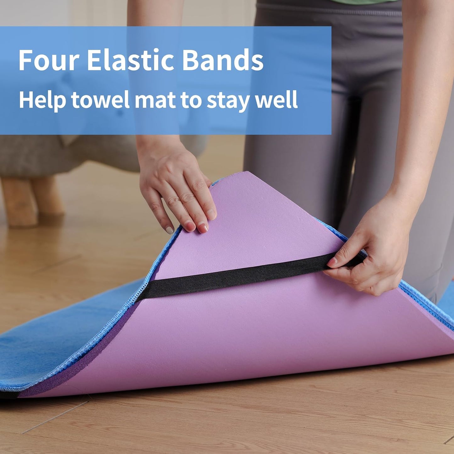 Microfiber Hot Yoga Towel Mat, 24 x 72 inches, with Non-Slip Silicone Grip, Secure Fit Elastic Straps (Purple)