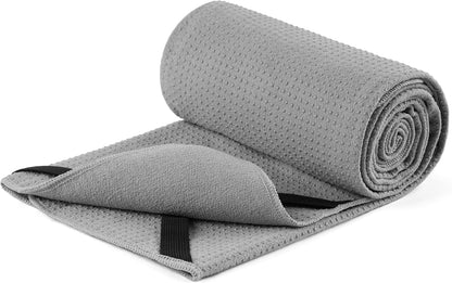 Microfiber Hot Yoga Towel Mat, 24 x 72 inches, with Non-Slip Silicone Grip, Secure Fit Elastic Straps (Purple)