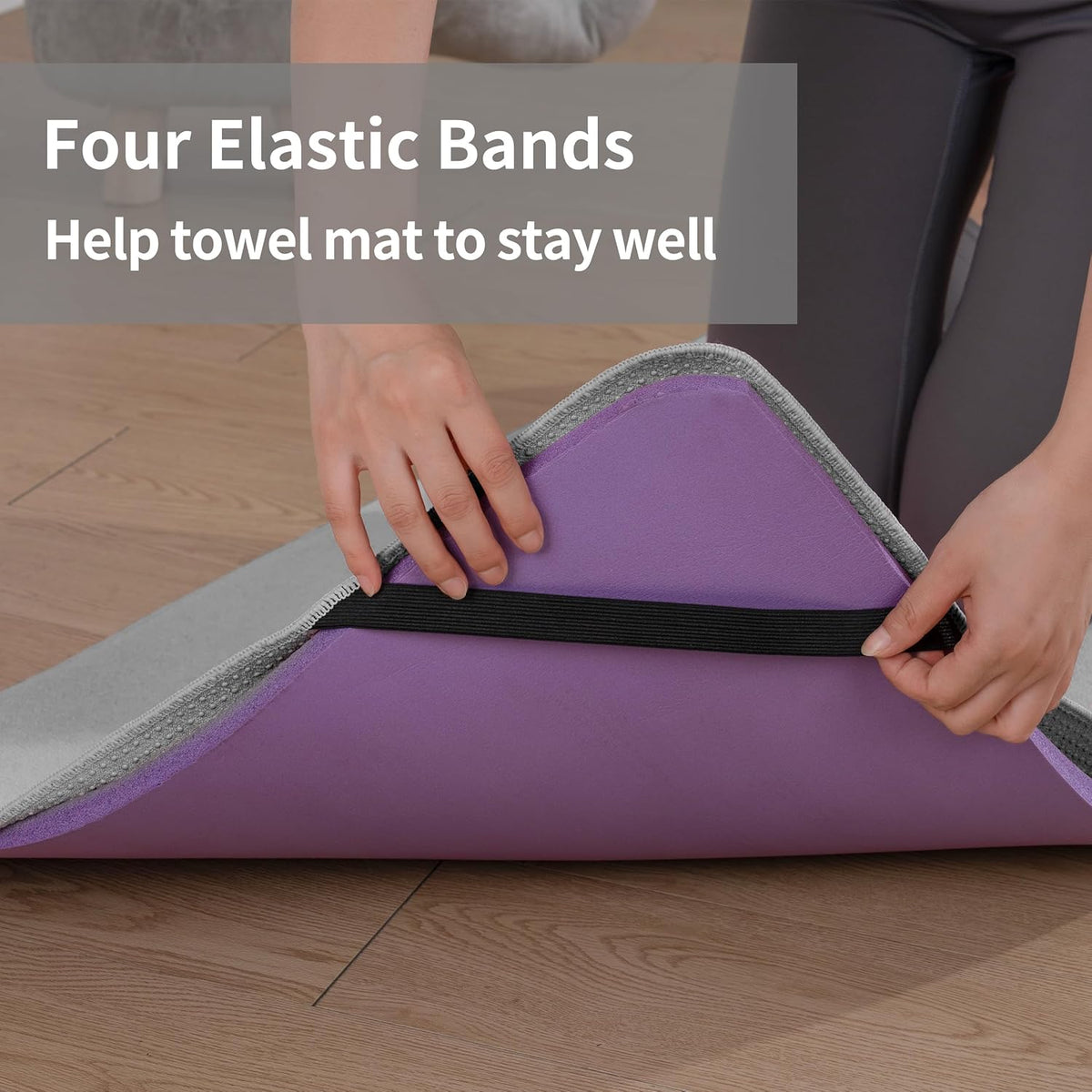 Microfiber Hot Yoga Towel Mat, 24 x 72 inches, with Non-Slip Silicone Grip, Secure Fit Elastic Straps (Purple)