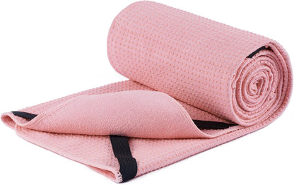 Microfiber Hot Yoga Towel Mat, 24 x 72 inches, with Non-Slip Silicone Grip, Secure Fit Elastic Straps (Purple)