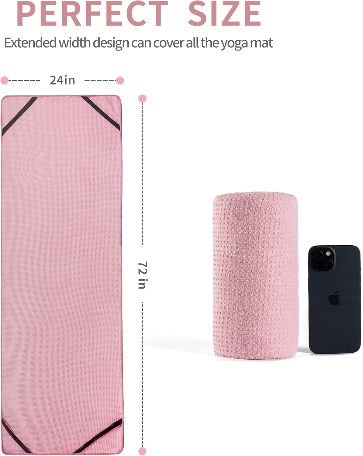 Microfiber Hot Yoga Towel Mat, 24 x 72 inches, with Non-Slip Silicone Grip, Secure Fit Elastic Straps (Purple)