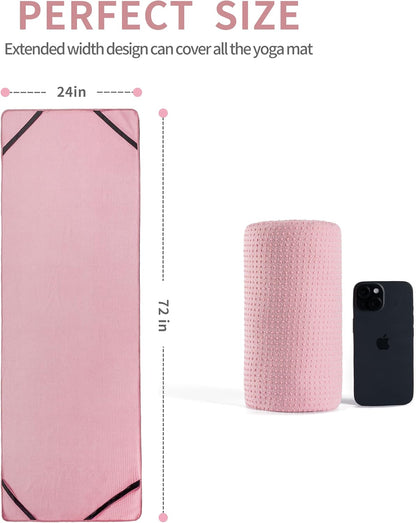 Microfiber Hot Yoga Towel Mat, 24 x 72 inches, with Non-Slip Silicone Grip, Secure Fit Elastic Straps (Purple)