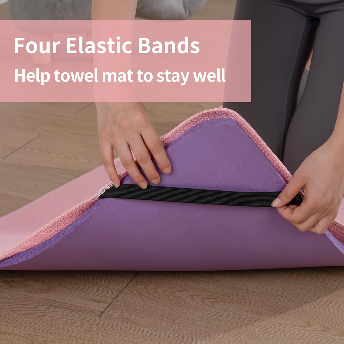 Microfiber Hot Yoga Towel Mat, 24 x 72 inches, with Non-Slip Silicone Grip, Secure Fit Elastic Straps (Purple)