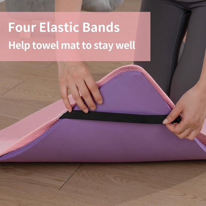 Microfiber Hot Yoga Towel Mat, 24 x 72 inches, with Non-Slip Silicone Grip, Secure Fit Elastic Straps (Purple)