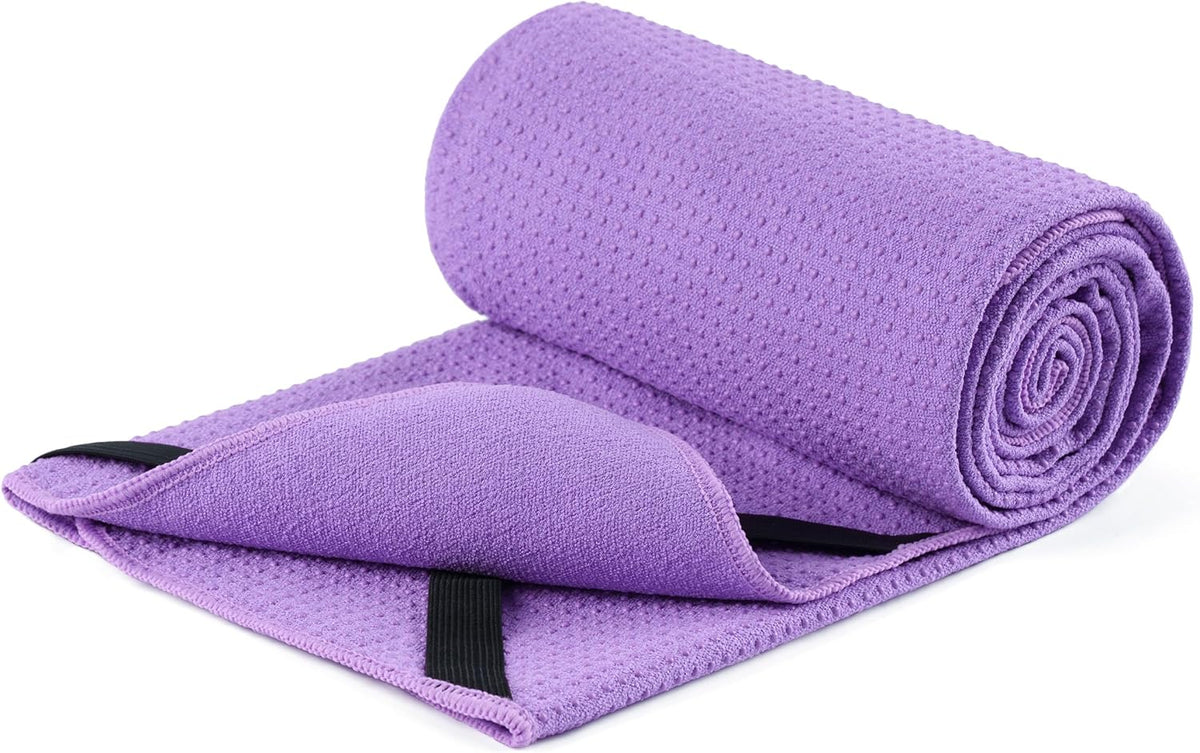 Microfiber Hot Yoga Towel Mat, 24 x 72 inches, with Non-Slip Silicone Grip, Secure Fit Elastic Straps (Purple)