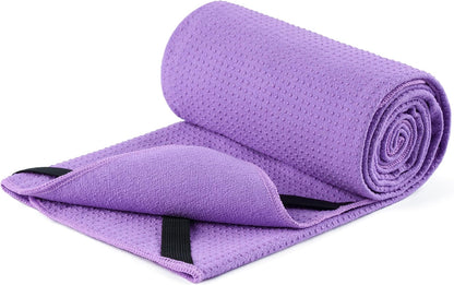 Microfiber Hot Yoga Towel Mat, 24 x 72 inches, with Non-Slip Silicone Grip, Secure Fit Elastic Straps (Purple)