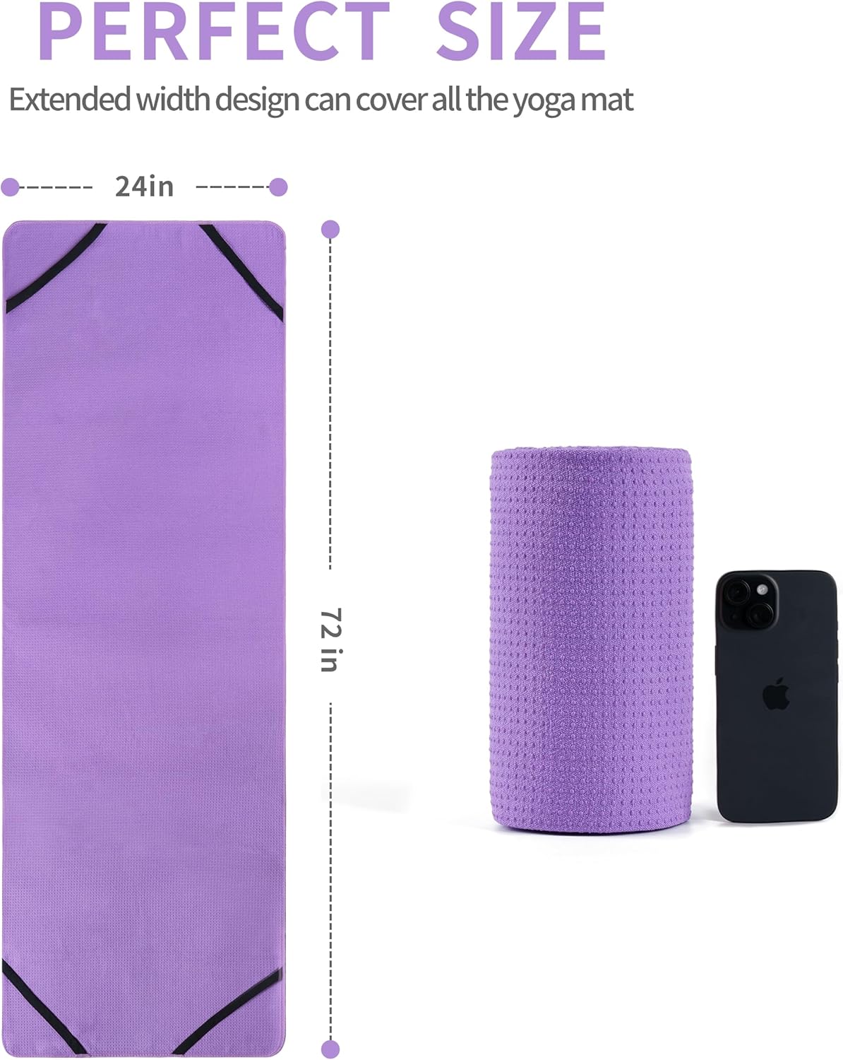 Microfiber Hot Yoga Towel Mat, 24 x 72 inches, with Non-Slip Silicone Grip, Secure Fit Elastic Straps (Purple)