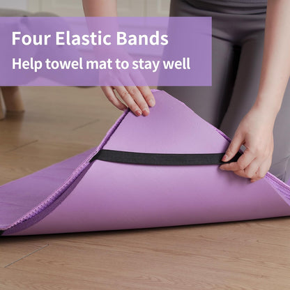 Microfiber Hot Yoga Towel Mat, 24 x 72 inches, with Non-Slip Silicone Grip, Secure Fit Elastic Straps (Purple)