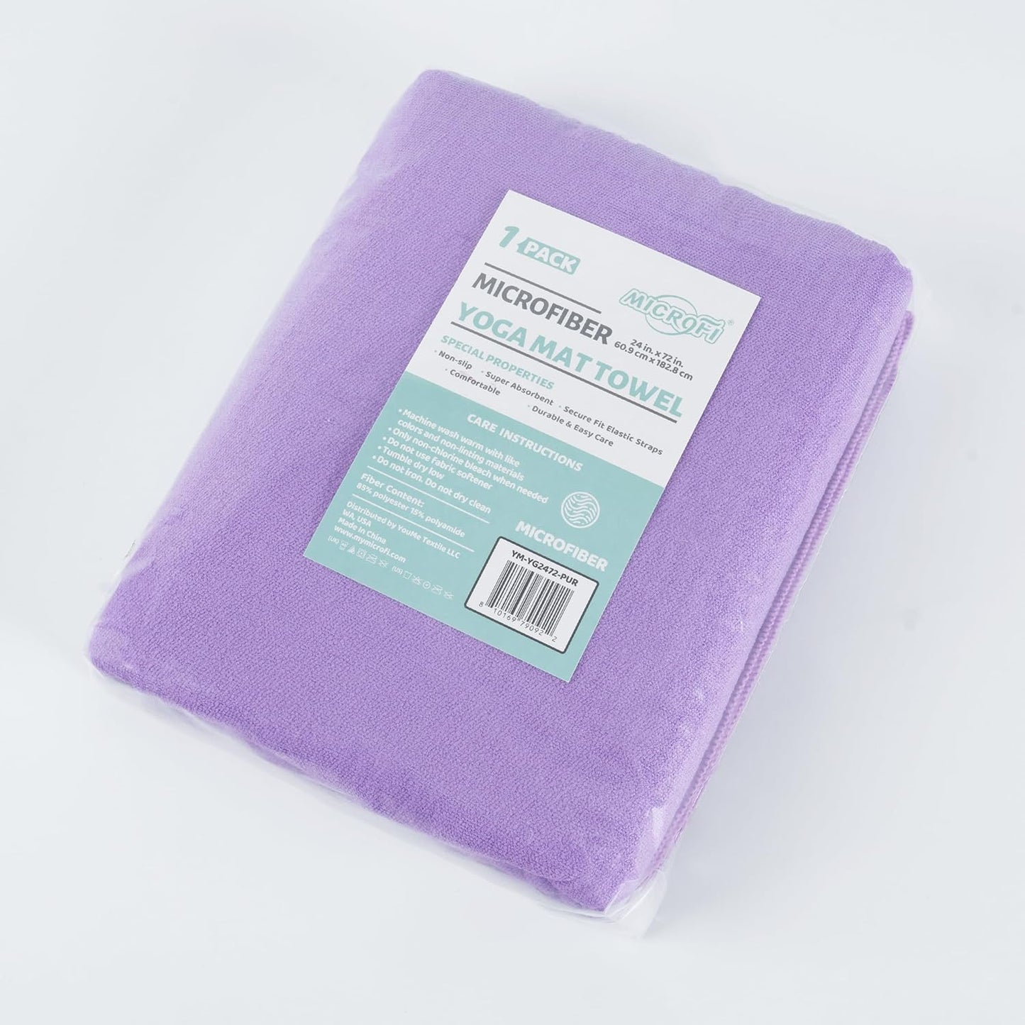 Microfiber Hot Yoga Towel Mat, 24 x 72 inches, with Non-Slip Silicone Grip, Secure Fit Elastic Straps (Purple)