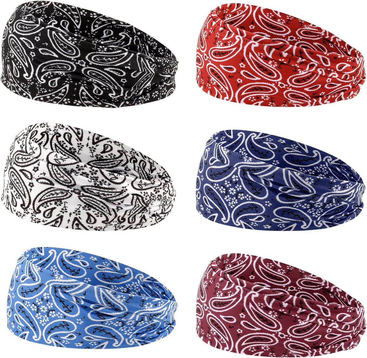 6Pcs Headbands Paisley Bandanas Head Bands Sweat Band Hair Wrap Headwrap Fashion Boho Wide Thick Workout Yoga Elastic Headbands Mens Cooling Running Sports Headband Sweatbands for Women and Men