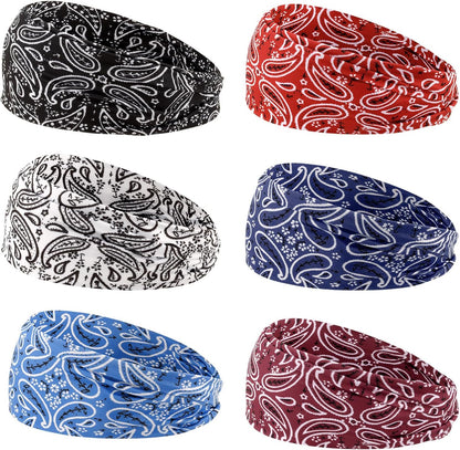 6Pcs Headbands Paisley Bandanas Head Bands Sweat Band Hair Wrap Headwrap Fashion Boho Wide Thick Workout Yoga Elastic Headbands Mens Cooling Running Sports Headband Sweatbands for Women and Men