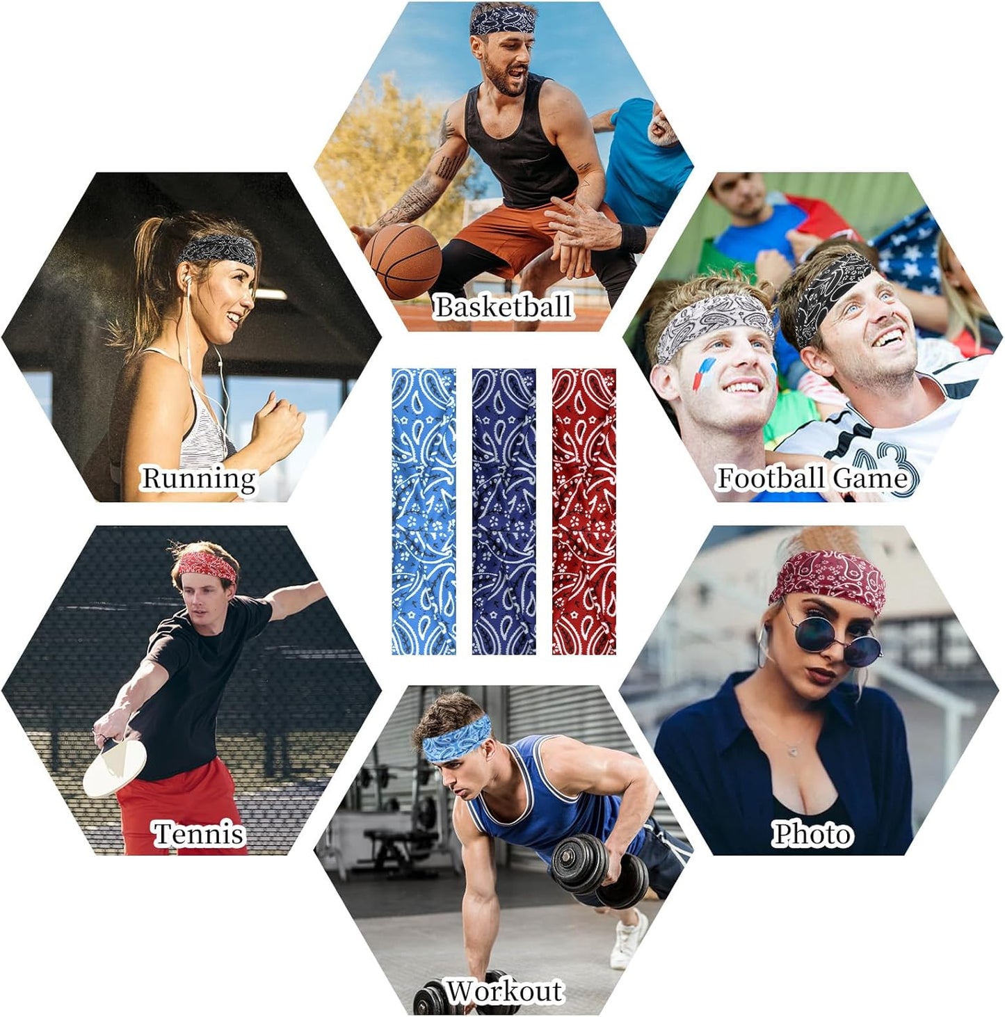 6Pcs Headbands Paisley Bandanas Head Bands Sweat Band Hair Wrap Headwrap Fashion Boho Wide Thick Workout Yoga Elastic Headbands Mens Cooling Running Sports Headband Sweatbands for Women and Men
