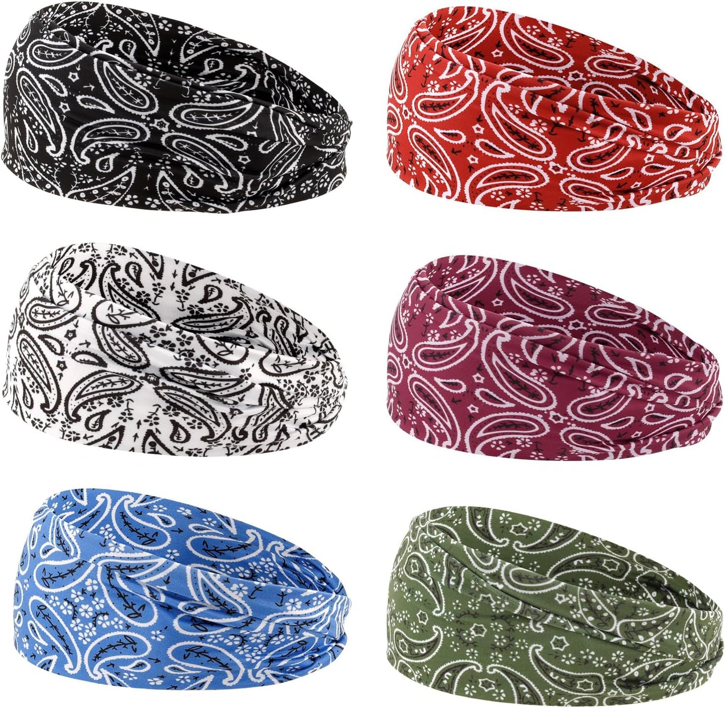 6Pcs Headbands Paisley Bandanas Head Bands Sweat Band Hair Wrap Headwrap Fashion Boho Wide Thick Workout Yoga Elastic Headbands Mens Cooling Running Sports Headband Sweatbands for Women and Men