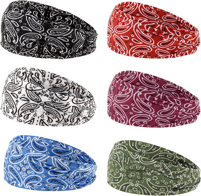 6Pcs Headbands Paisley Bandanas Head Bands Sweat Band Hair Wrap Headwrap Fashion Boho Wide Thick Workout Yoga Elastic Headbands Mens Cooling Running Sports Headband Sweatbands for Women and Men
