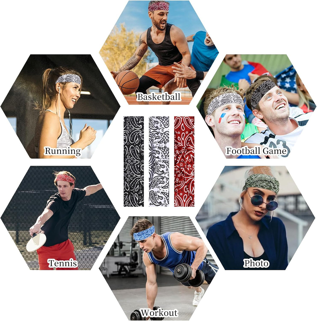 6Pcs Headbands Paisley Bandanas Head Bands Sweat Band Hair Wrap Headwrap Fashion Boho Wide Thick Workout Yoga Elastic Headbands Mens Cooling Running Sports Headband Sweatbands for Women and Men