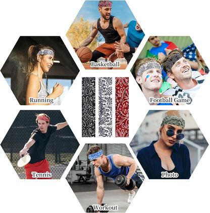 6Pcs Headbands Paisley Bandanas Head Bands Sweat Band Hair Wrap Headwrap Fashion Boho Wide Thick Workout Yoga Elastic Headbands Mens Cooling Running Sports Headband Sweatbands for Women and Men