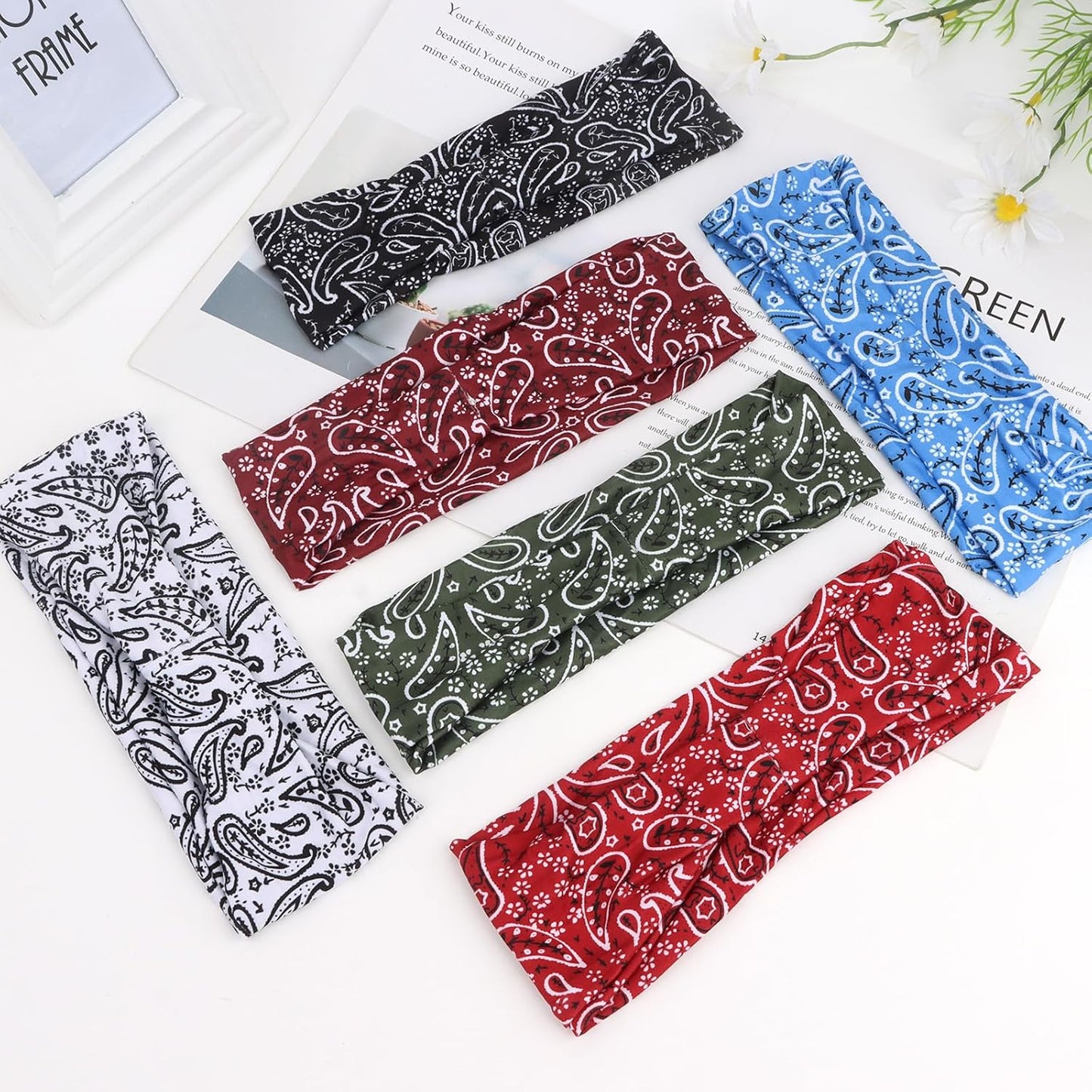6Pcs Headbands Paisley Bandanas Head Bands Sweat Band Hair Wrap Headwrap Fashion Boho Wide Thick Workout Yoga Elastic Headbands Mens Cooling Running Sports Headband Sweatbands for Women and Men