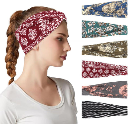 6Pcs Headbands Paisley Bandanas Head Bands Sweat Band Hair Wrap Headwrap Fashion Boho Wide Thick Workout Yoga Elastic Headbands Mens Cooling Running Sports Headband Sweatbands for Women and Men