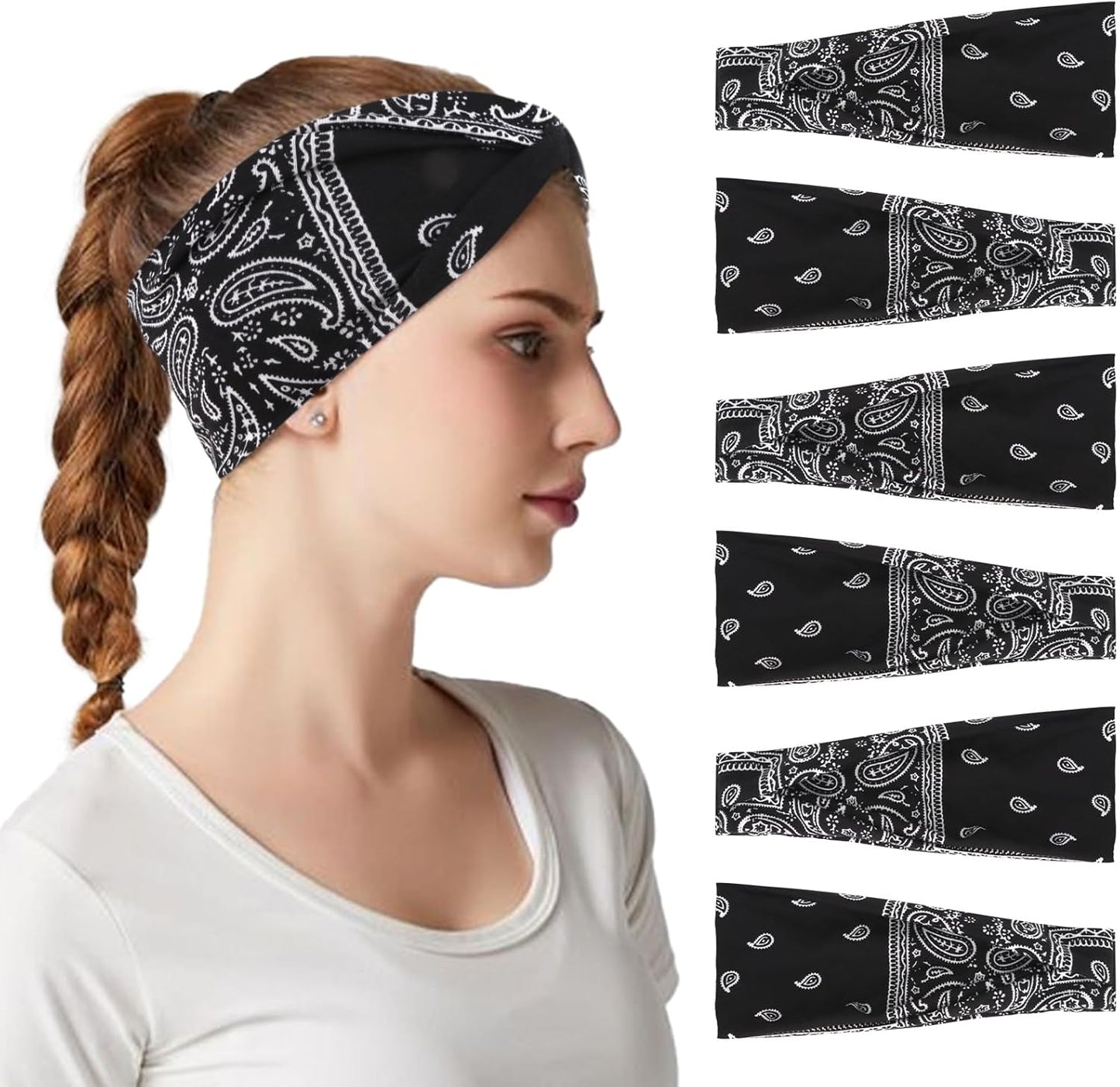 6Pcs Headbands Paisley Bandanas Head Bands Sweat Band Hair Wrap Headwrap Fashion Boho Wide Thick Workout Yoga Elastic Headbands Mens Cooling Running Sports Headband Sweatbands for Women and Men
