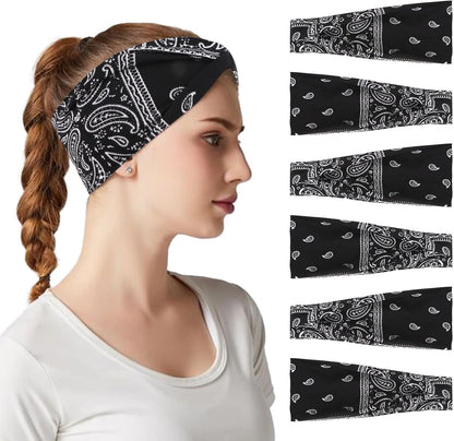 6Pcs Headbands Paisley Bandanas Head Bands Sweat Band Hair Wrap Headwrap Fashion Boho Wide Thick Workout Yoga Elastic Headbands Mens Cooling Running Sports Headband Sweatbands for Women and Men