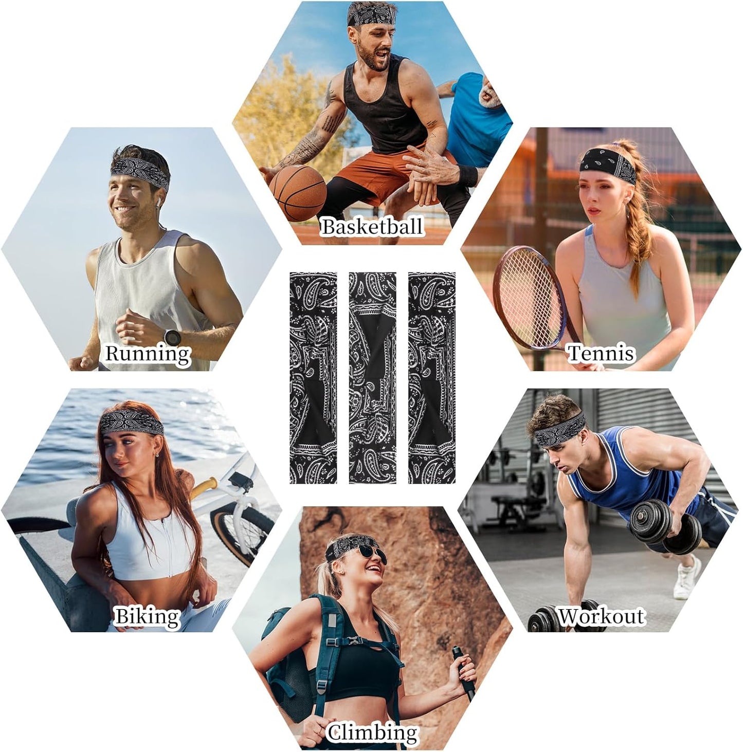 6Pcs Headbands Paisley Bandanas Head Bands Sweat Band Hair Wrap Headwrap Fashion Boho Wide Thick Workout Yoga Elastic Headbands Mens Cooling Running Sports Headband Sweatbands for Women and Men
