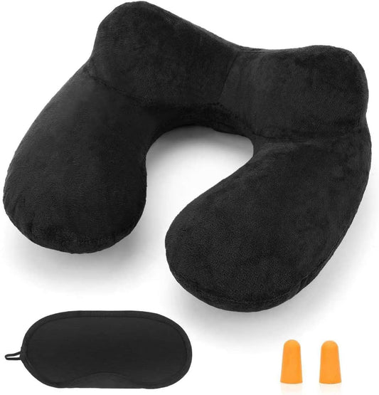 Inflatable Travel Pillow for Airplane Inflatable Neck Pillow for Traveling with Soft Velvet Washable Cover for Sleeping, Airplane,Train, Car, Office, Contoured Eye Masks, Earplugs (Dark Gray)