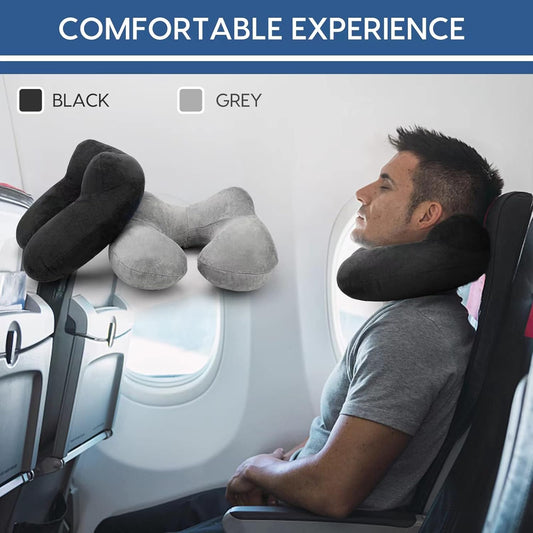 Inflatable Travel Pillow for Airplane Inflatable Neck Pillow for Traveling with Soft Velvet Washable Cover for Sleeping, Airplane,Train, Car, Office, Contoured Eye Masks, Earplugs (Dark Gray)
