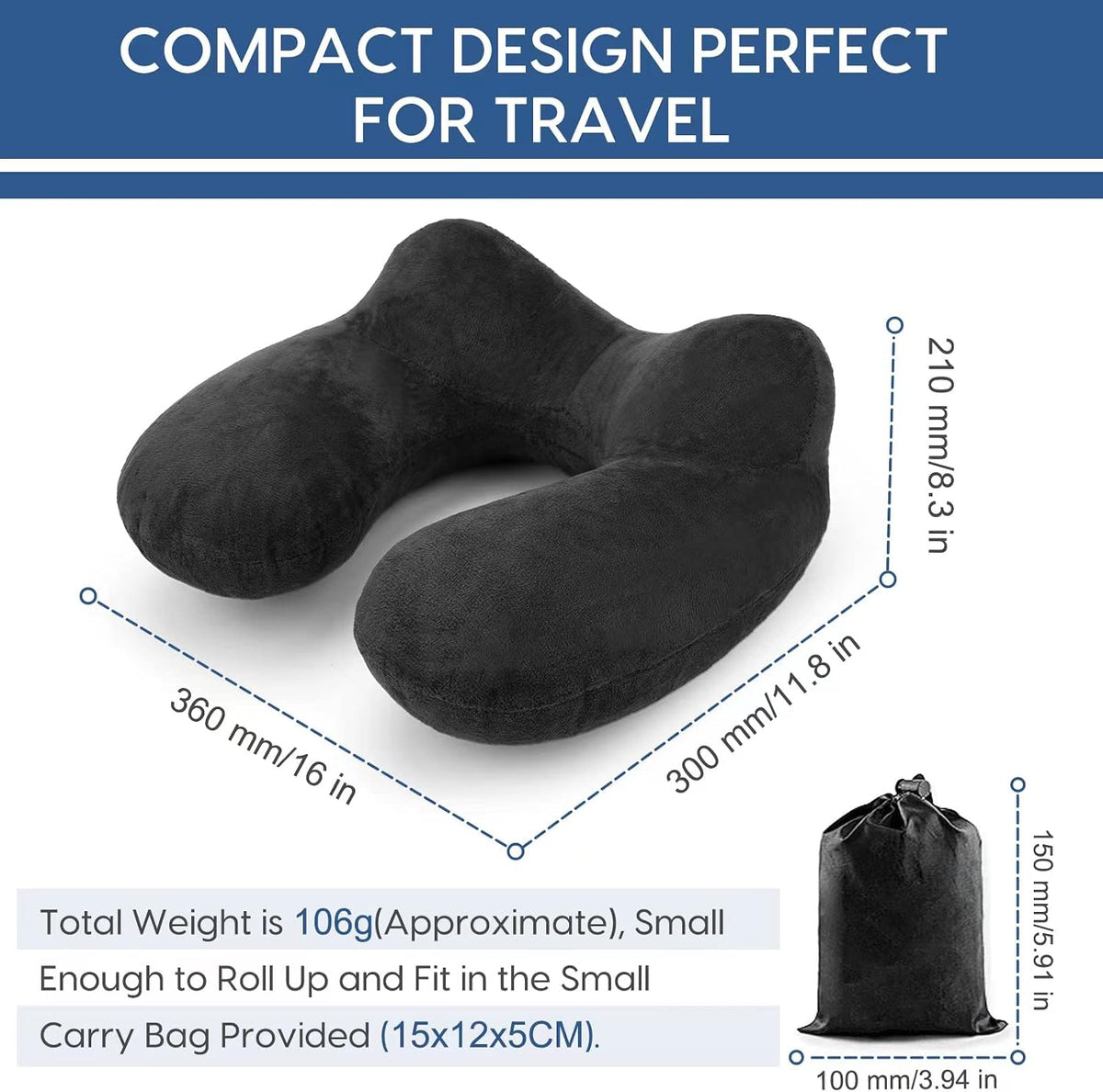 Inflatable Travel Pillow for Airplane Inflatable Neck Pillow for Traveling with Soft Velvet Washable Cover for Sleeping, Airplane,Train, Car, Office, Contoured Eye Masks, Earplugs (Dark Gray)