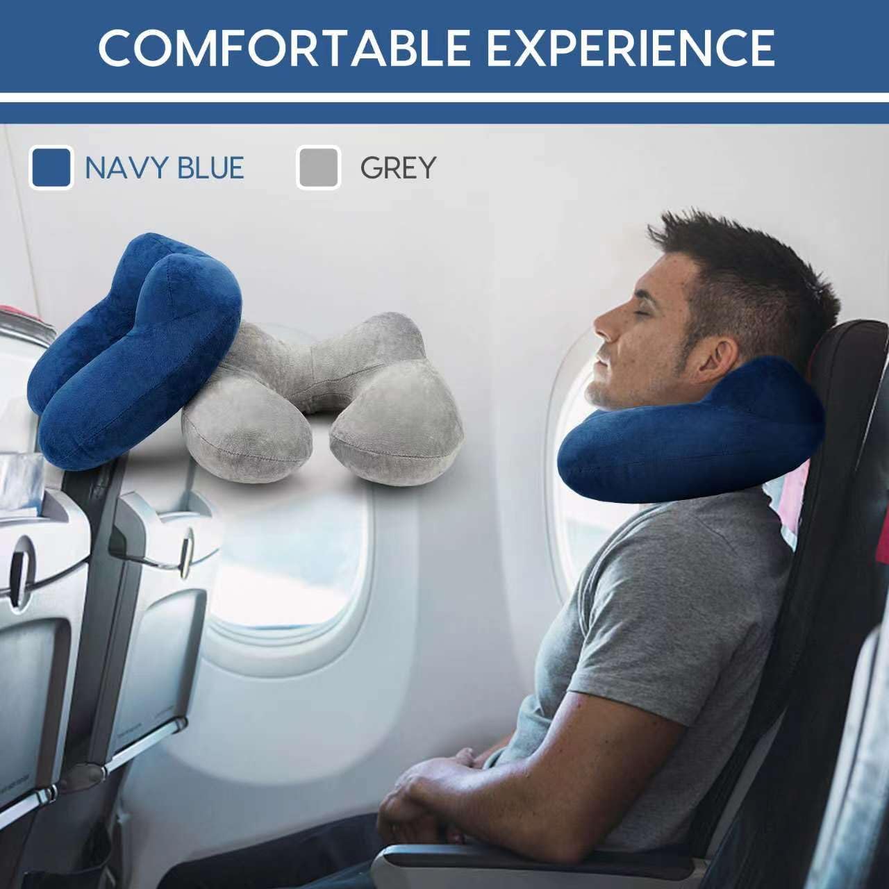 Inflatable Travel Pillow for Airplane Inflatable Neck Pillow for Traveling with Soft Velvet Washable Cover for Sleeping, Airplane,Train, Car, Office, Contoured Eye Masks, Earplugs (Dark Gray)