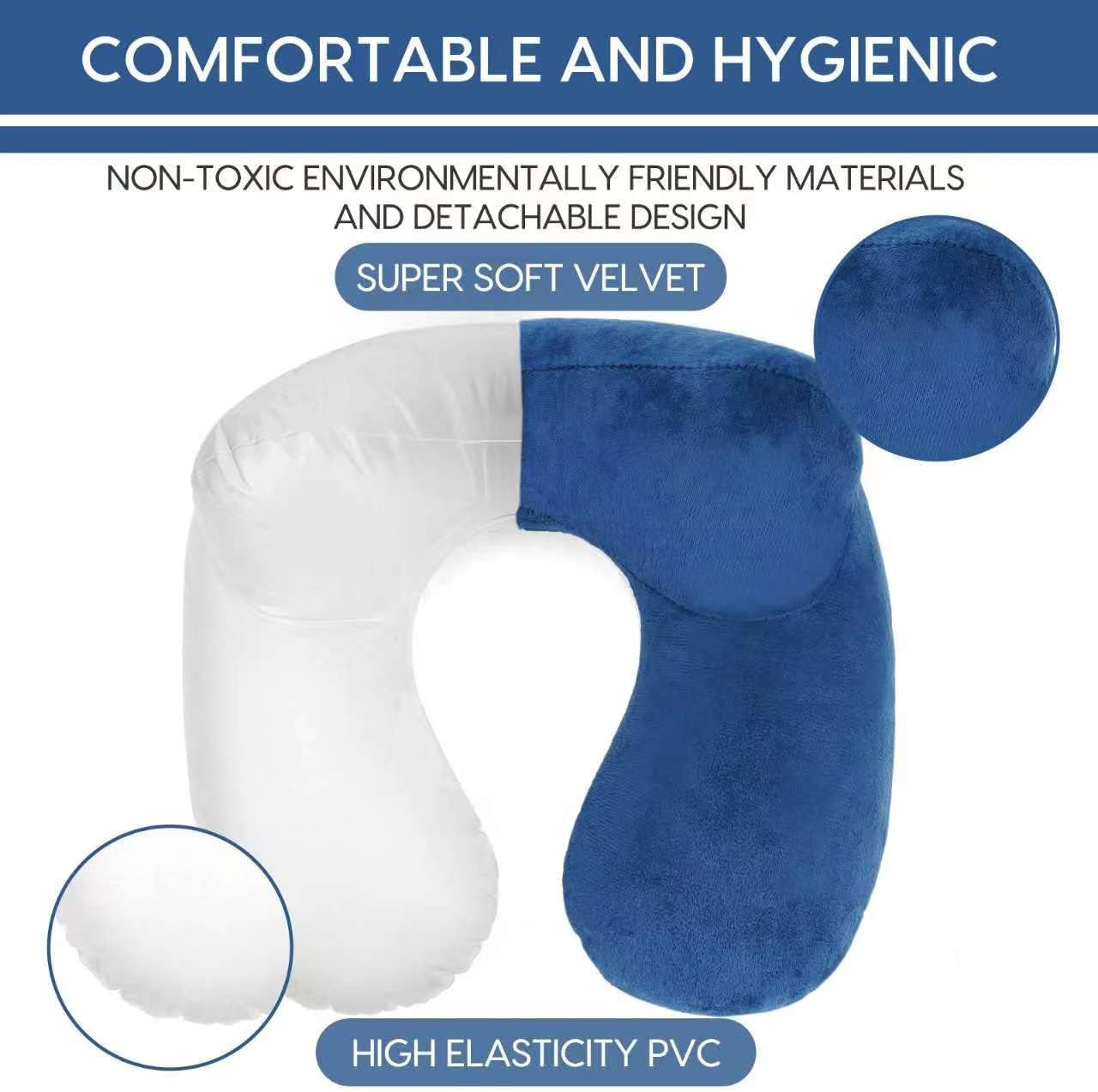 Inflatable Travel Pillow for Airplane Inflatable Neck Pillow for Traveling with Soft Velvet Washable Cover for Sleeping, Airplane,Train, Car, Office, Contoured Eye Masks, Earplugs (Dark Gray)