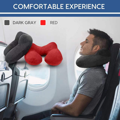 Inflatable Travel Pillow for Airplane Inflatable Neck Pillow for Traveling with Soft Velvet Washable Cover for Sleeping, Airplane,Train, Car, Office, Contoured Eye Masks, Earplugs (Dark Gray)