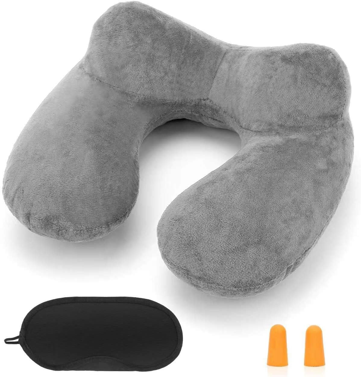 Inflatable Travel Pillow for Airplane Inflatable Neck Pillow for Traveling with Soft Velvet Washable Cover for Sleeping, Airplane,Train, Car, Office, Contoured Eye Masks, Earplugs (Dark Gray)