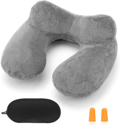 Inflatable Travel Pillow for Airplane Inflatable Neck Pillow for Traveling with Soft Velvet Washable Cover for Sleeping, Airplane,Train, Car, Office, Contoured Eye Masks, Earplugs (Dark Gray)