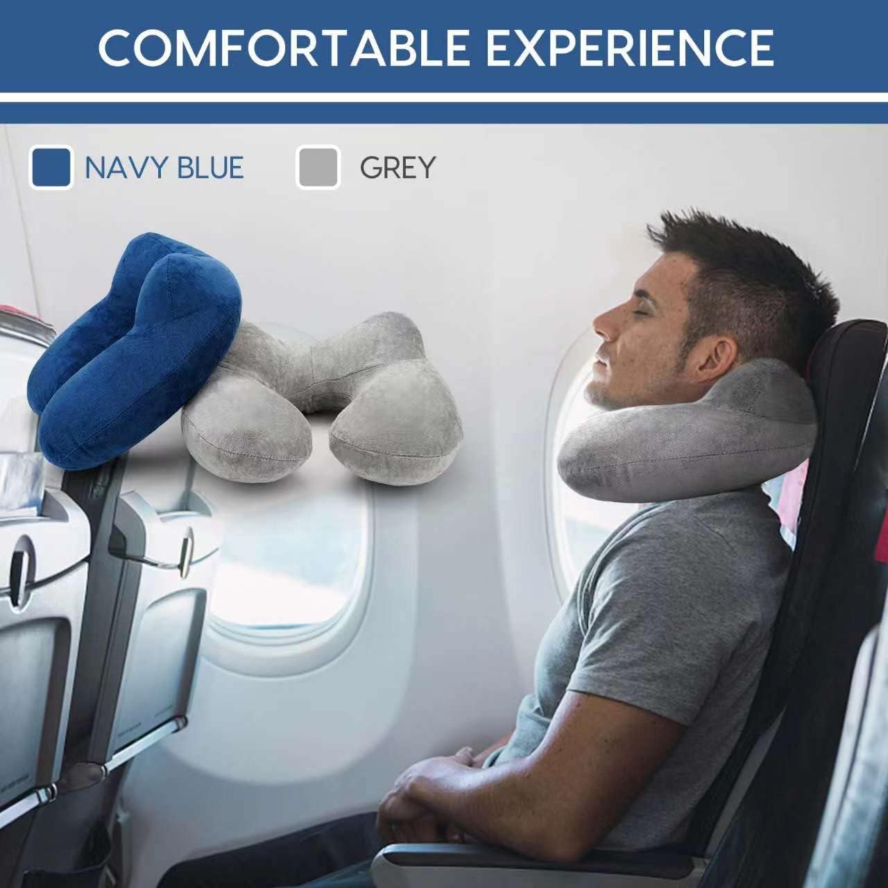 Inflatable Travel Pillow for Airplane Inflatable Neck Pillow for Traveling with Soft Velvet Washable Cover for Sleeping, Airplane,Train, Car, Office, Contoured Eye Masks, Earplugs (Dark Gray)