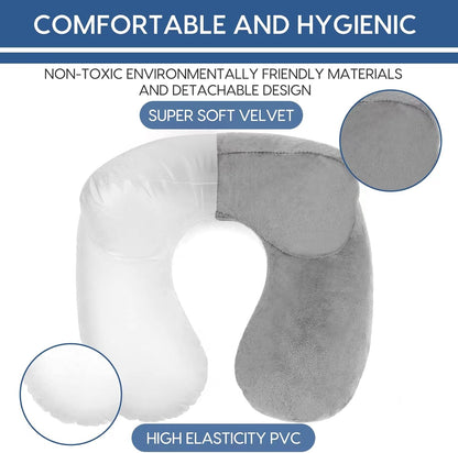 Inflatable Travel Pillow for Airplane Inflatable Neck Pillow for Traveling with Soft Velvet Washable Cover for Sleeping, Airplane,Train, Car, Office, Contoured Eye Masks, Earplugs (Dark Gray)