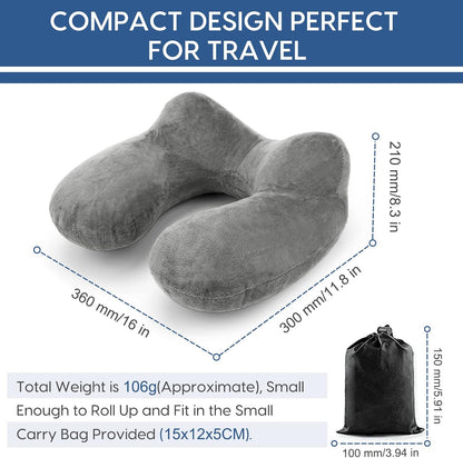 Inflatable Travel Pillow for Airplane Inflatable Neck Pillow for Traveling with Soft Velvet Washable Cover for Sleeping, Airplane,Train, Car, Office, Contoured Eye Masks, Earplugs (Dark Gray)
