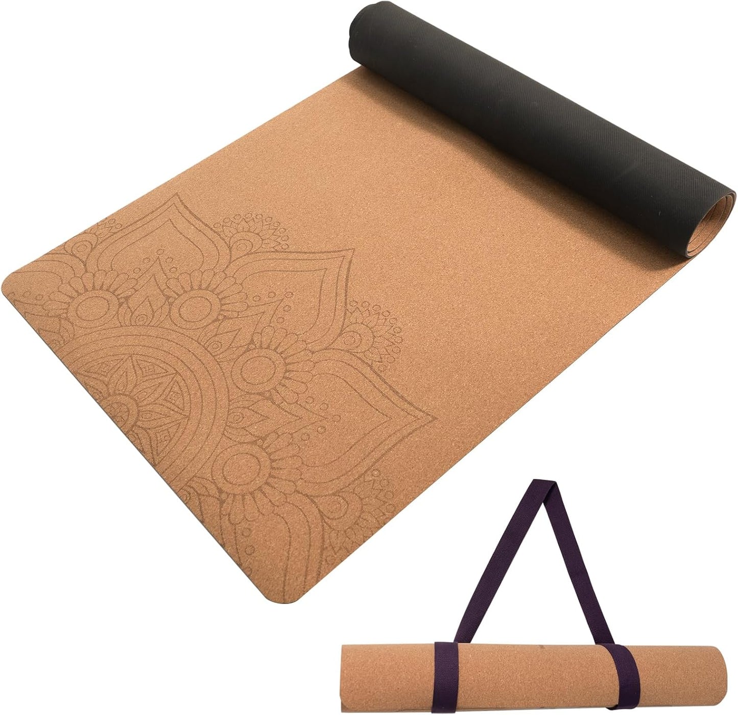 Cork Yoga Mat Non-Slip, Resists Sweat and Odors Exercise Mat with Carrying Strap for Hot Yoga, Pilates, Floor & Fitness Workouts, Fitness Mats Non-Slip Natural Rubber Base & Cork Mat (72'' x 26'' x 5mm Thick)
