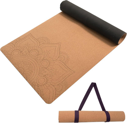 Cork Yoga Mat Non-Slip, Resists Sweat and Odors Exercise Mat with Carrying Strap for Hot Yoga, Pilates, Floor & Fitness Workouts, Fitness Mats Non-Slip Natural Rubber Base & Cork Mat (72'' x 26'' x 5mm Thick)