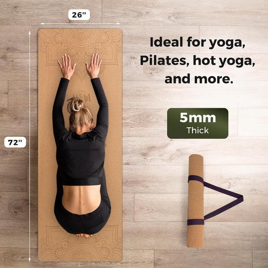 Cork Yoga Mat Non-Slip, Resists Sweat and Odors Exercise Mat with Carrying Strap for Hot Yoga, Pilates, Floor & Fitness Workouts, Fitness Mats Non-Slip Natural Rubber Base & Cork Mat (72'' x 26'' x 5mm Thick)