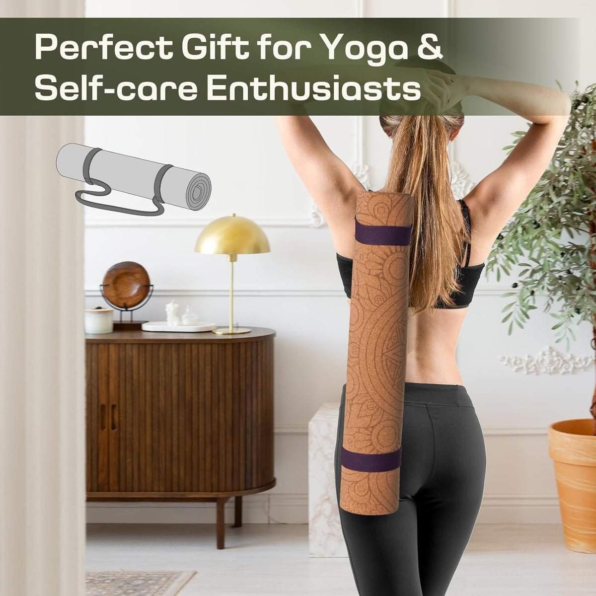 Cork Yoga Mat Non-Slip, Resists Sweat and Odors Exercise Mat with Carrying Strap for Hot Yoga, Pilates, Floor & Fitness Workouts, Fitness Mats Non-Slip Natural Rubber Base & Cork Mat (72'' x 26'' x 5mm Thick)