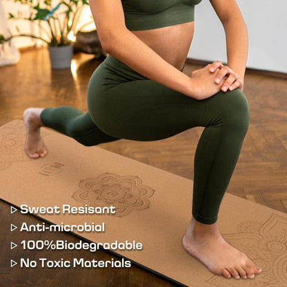 Cork Yoga Mat Non-Slip, Resists Sweat and Odors Exercise Mat with Carrying Strap for Hot Yoga, Pilates, Floor & Fitness Workouts, Fitness Mats Non-Slip Natural Rubber Base & Cork Mat (72'' x 26'' x 5mm Thick)