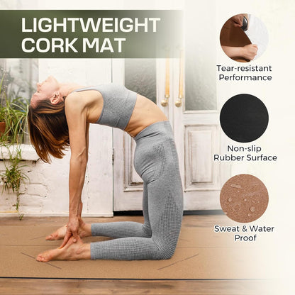 Cork Yoga Mat Non-Slip, Resists Sweat and Odors Exercise Mat with Carrying Strap for Hot Yoga, Pilates, Floor & Fitness Workouts, Fitness Mats Non-Slip Natural Rubber Base & Cork Mat (72'' x 26'' x 5mm Thick)