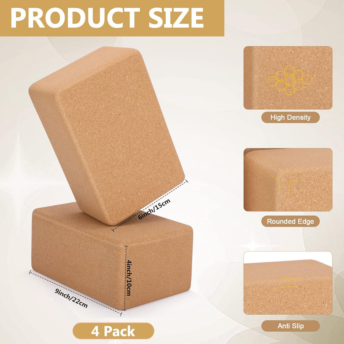 4 Pcs Cork Yoga Blocks, 9 x 6 x 4 in Non Slip Bricks | Natural Cork Surface, Textured Grip, High Density Support, Stable for Poses, Stretching Balance Pilates Use
