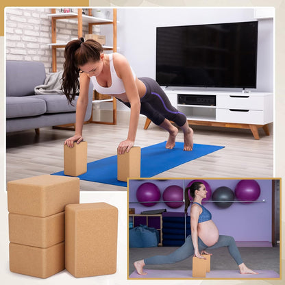 4 Pcs Cork Yoga Blocks, 9 x 6 x 4 in Non Slip Bricks | Natural Cork Surface, Textured Grip, High Density Support, Stable for Poses, Stretching Balance Pilates Use