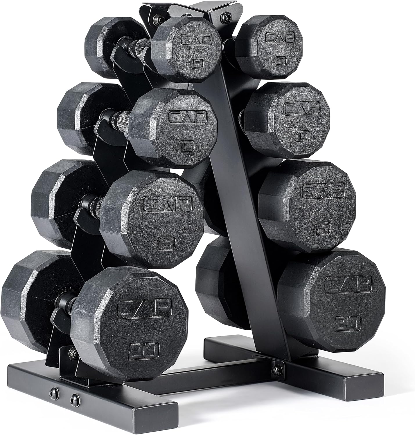Rubber Coated Hex Dumbbell Set with Storage Rack | 100–210 lb Options, Space-Saving Vertical Compact Storage for Home Gym Strength Training