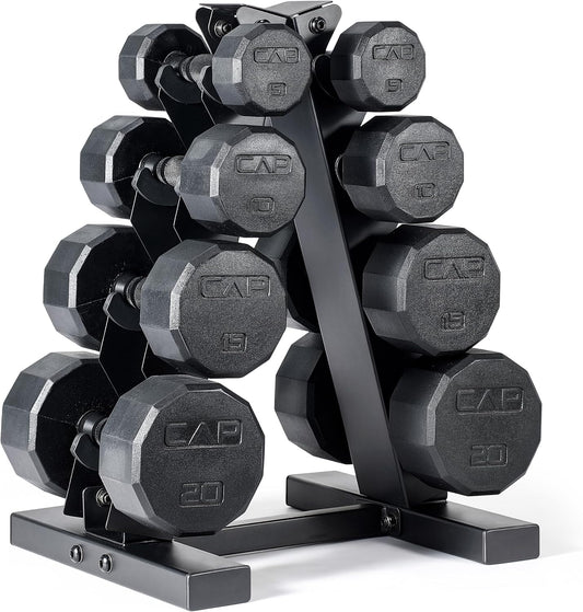 Rubber Coated Hex Dumbbell Set with Storage Rack | 100–210 lb Options, Space-Saving Vertical Compact Storage for Home Gym Strength Training
