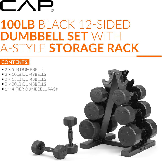 Rubber Coated Hex Dumbbell Set with Storage Rack | 100–210 lb Options, Space-Saving Vertical Compact Storage for Home Gym Strength Training