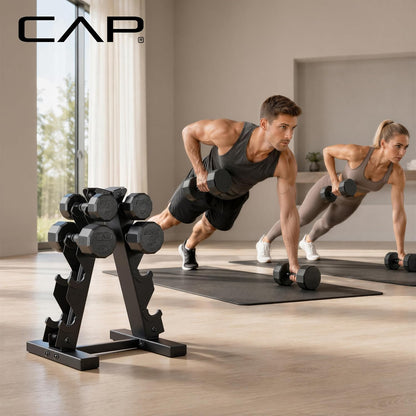 Rubber Coated Hex Dumbbell Set with Storage Rack | 100–210 lb Options, Space-Saving Vertical Compact Storage for Home Gym Strength Training